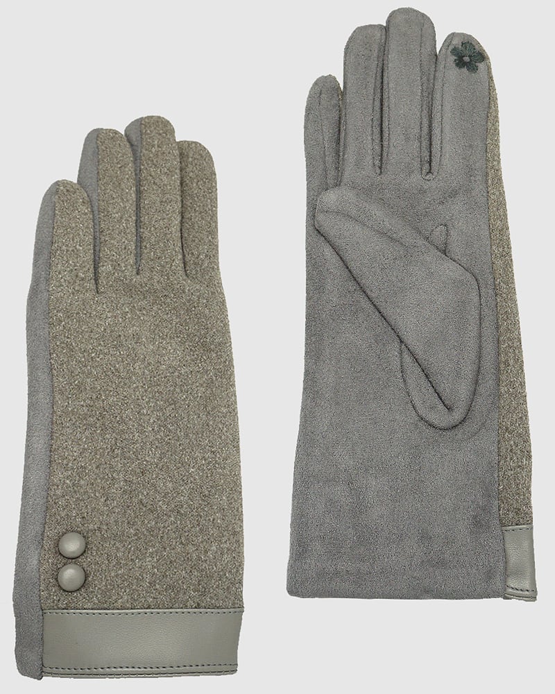 Front of a size One Size Gloves-Suede Leatherette Insulated Two Buttons Gloves Grey in GREY by Cocoboo. | dia_product_style_image_id:310614